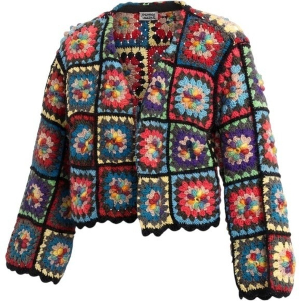 Joanne K Sunny Granny square open cardigan Sweater Cottagecore Bell Sleeve